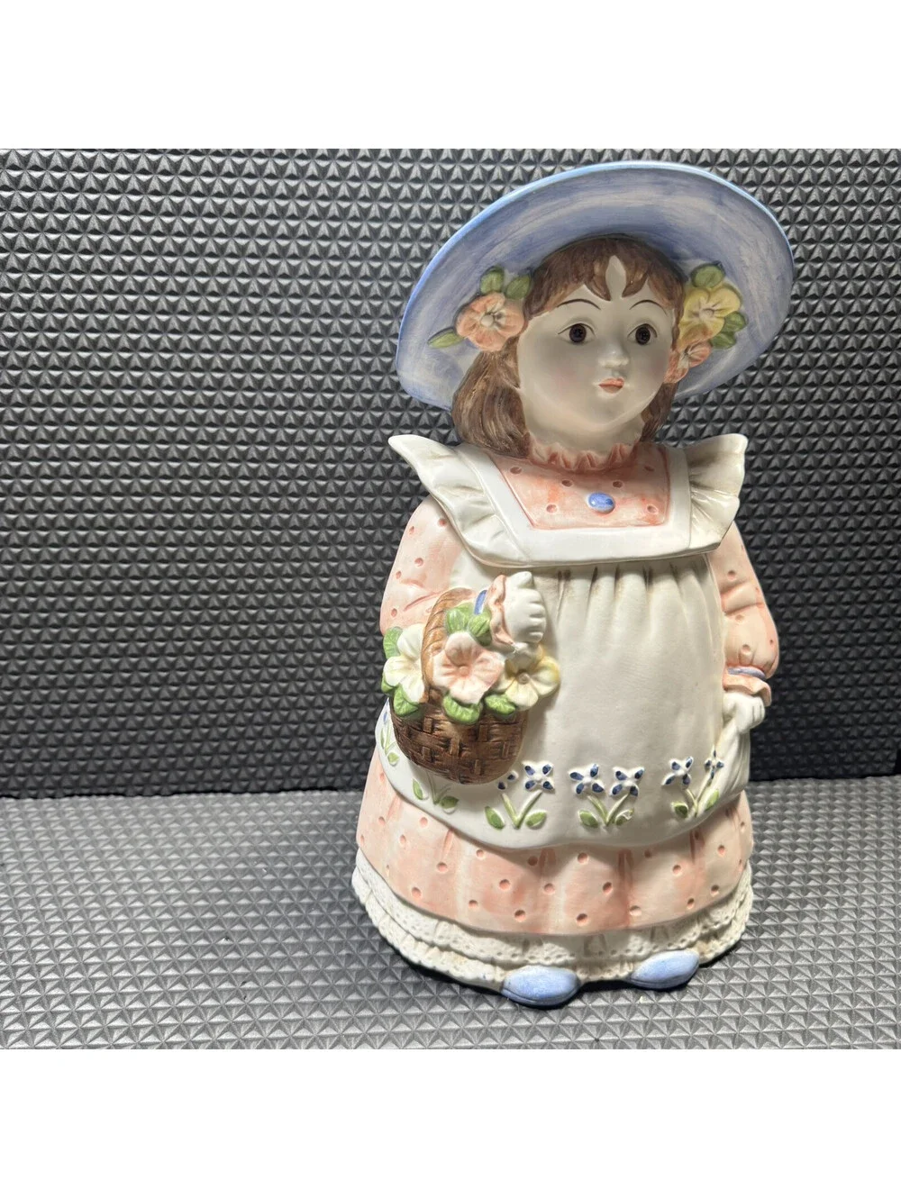 Takahashi Ceramic Bonnet Flower Maiden Girl Basket Cookie Jar 12” Vintage Japan